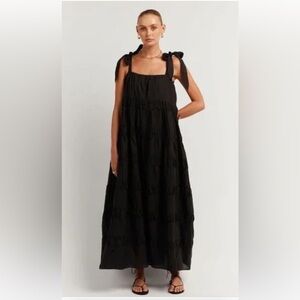 DISSH Black Cotton Poplin Tiered Dress with Bow Shoulder Tie Details, US 4/AU 8